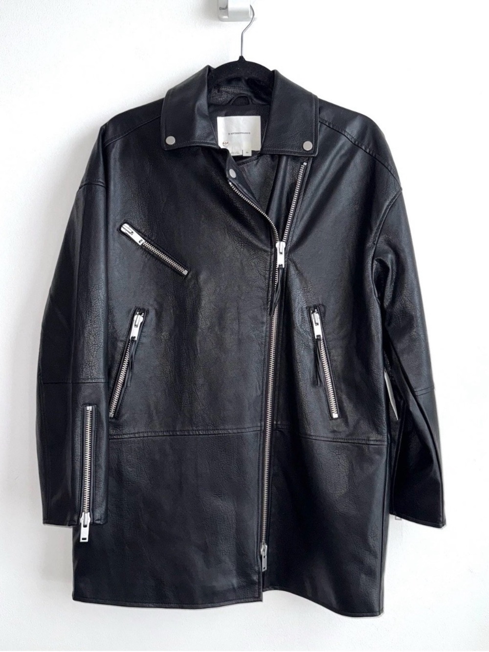 Anthropologie Moto Jacket Oversized Faux Leather Size XS Black Biker